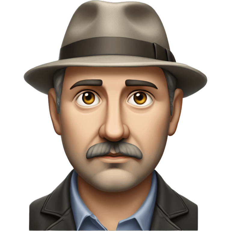 Russian book writer Alexander Kuprin Photorealism A plump serious man of Slavic appearance with Small eyes with goatee beard and mustache, with a  short haircut, big detailed face, wrinkled face, wearing a fedora hat emoji