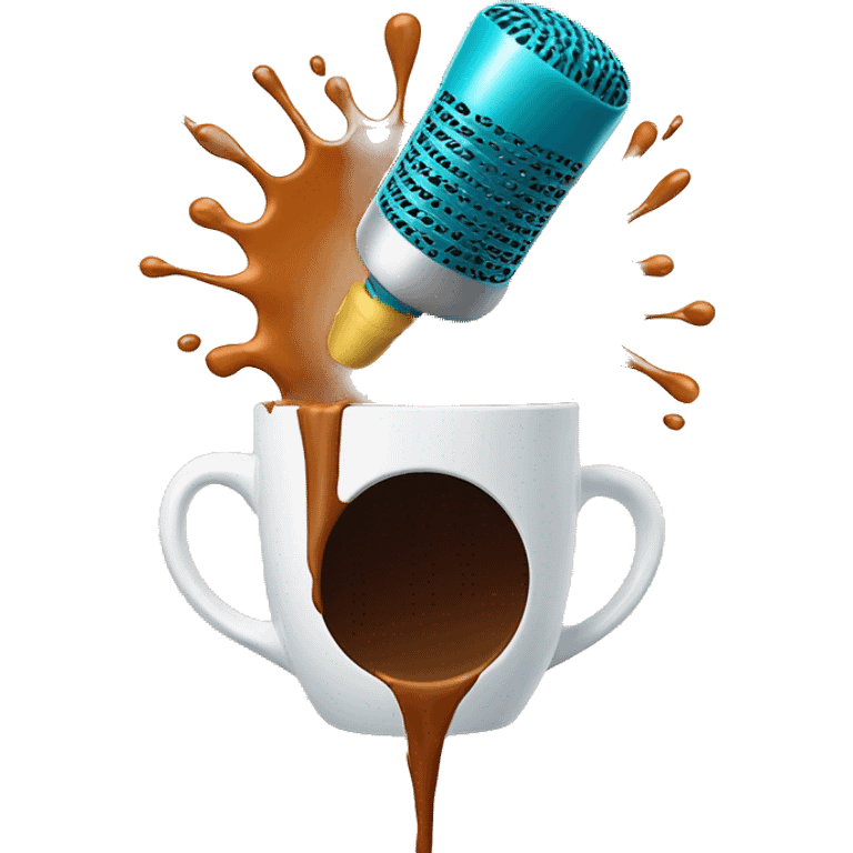 big microphone falling inside a coloured coffee mug and coffee splash emoji