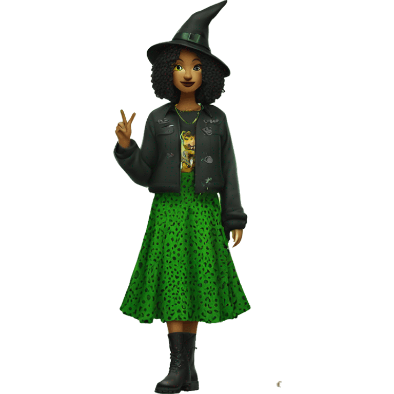 Green witch with panter print top on, panterprint skirt and panterprint fur boots emoji