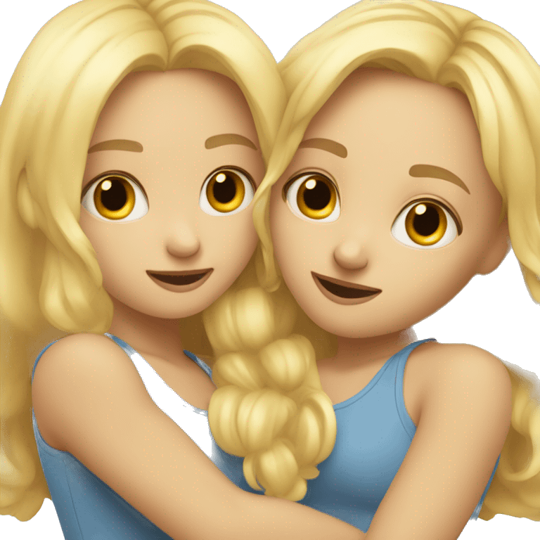 two cute blond girl friends hugging each other  emoji