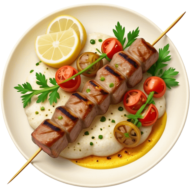 Cinematic Realistic Souvlaki Dish Emoji, showcasing skewered, grilled meat with Mediterranean spices rendered with dynamic textures and warm, appetizing lighting. emoji