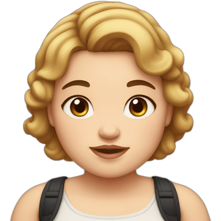 A chubby girl with the pink cheeks and brown eyes, short wavy hair and black emoji