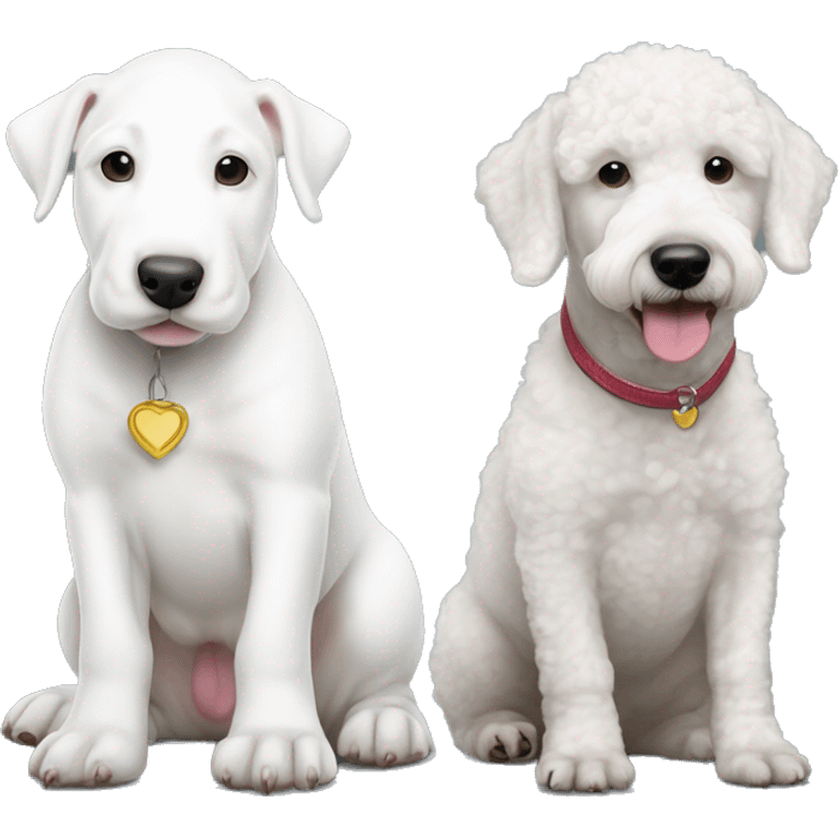 one white bull terrier puppy and one white standard poodle  emoji