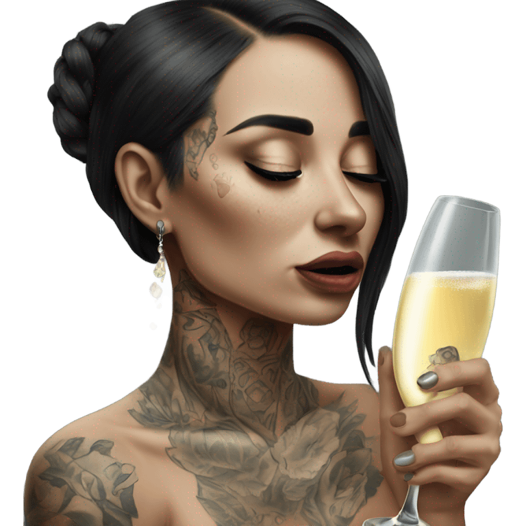 Hyper Realistic Beautiful tattooed woman crying sadly holding champagne  emoji