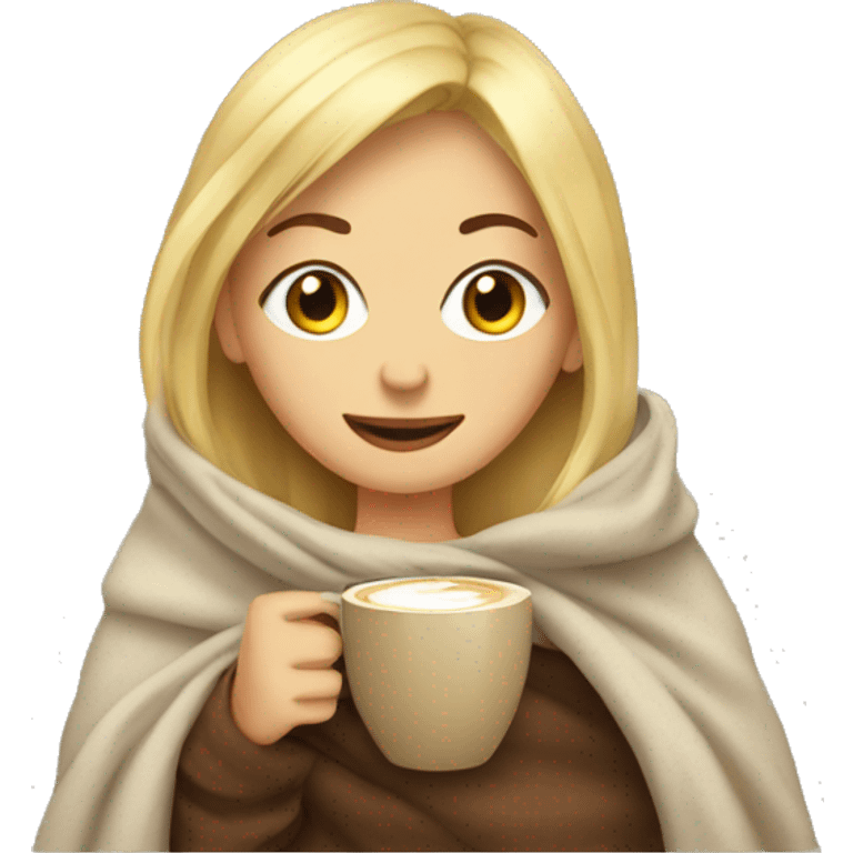 blonde girl wrapped in a blanket with a cup of coffee emoji