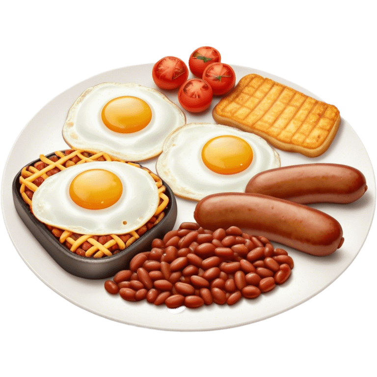 English Breakfast Cinematic Realistic English Breakfast Dish Emoji, depicted as a hearty plate featuring 2 sizzling sausages, a central serving of baked beans, 2 perfectly fried eggs, 2 sliced grilled tomatoes, 2 grilled mushrooms, and a triangle-shaped hash brown, rendered with vivid textures and warm, inviting lighting. emoji