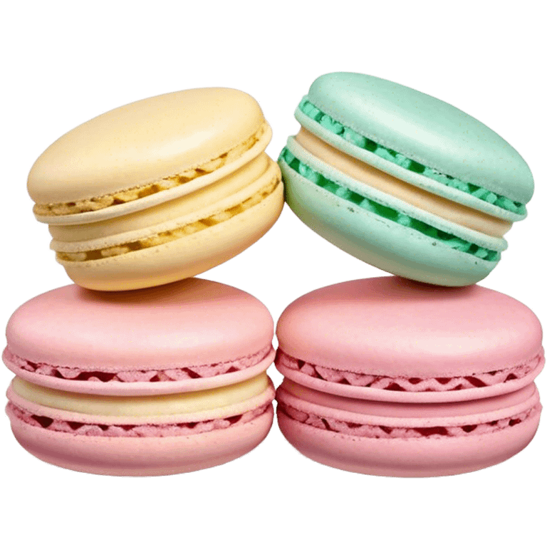 Cinematic Realistic Macaroon Dessert Emoji, showcasing colorful, delicate meringue-based cookies with a crisp exterior rendered with vibrant textures and playful, soft lighting. emoji