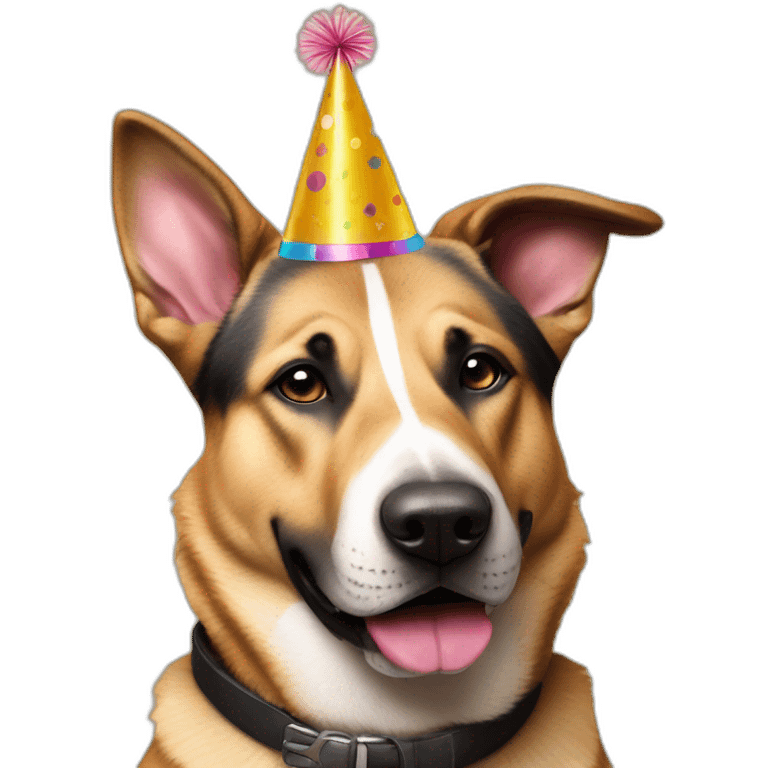 German shepherd Pitt bull mixed breed dog wearing birthday hat emoji