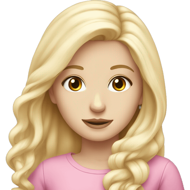 White girl, blond long hair, grey eyes, pink,  emoji