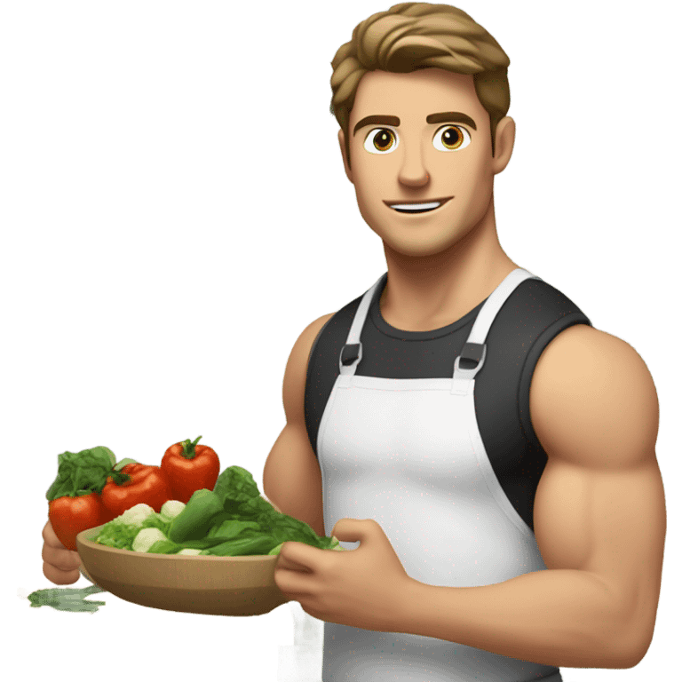 attractive young man white muscular brunette young man using a chopping vegetables emoji