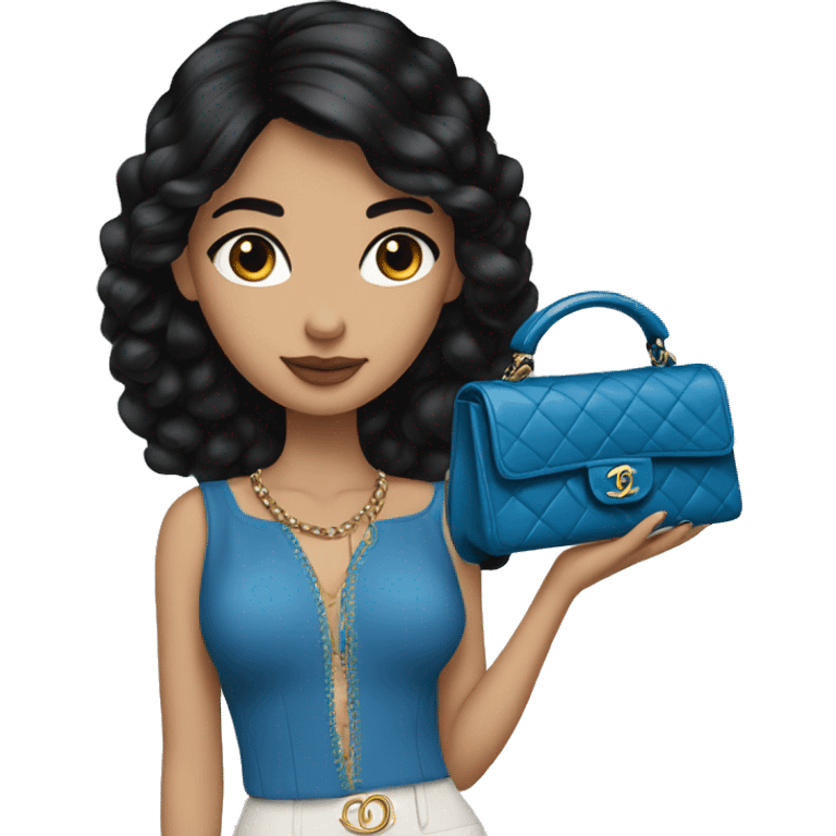 Spanish girl, straight black hair, blue eyes, Chanel handbag in hand emoji