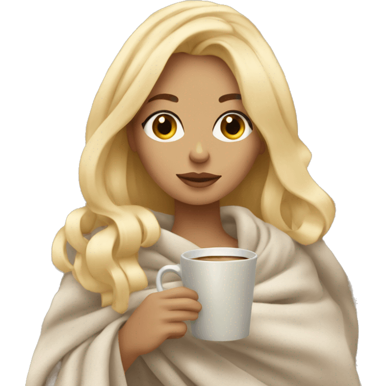 Girl wrapped in blanket drinking coffee blonde hair emoji