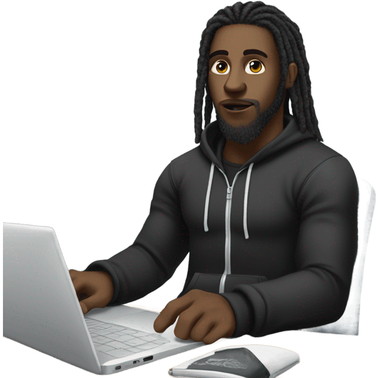 Black-guy-with-dreads-wearing-black-trackstuit-sitting-down-on-chair facing-foward-focused-on-laptop-computer- emoji