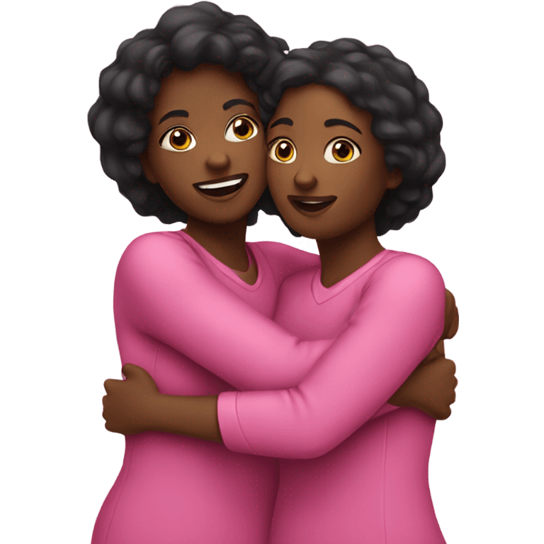 Two Black woman hugging wearing pink emoji