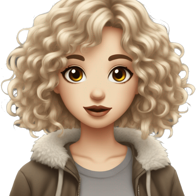 girl pretty, pale medium length curly hair dark brunette with hair layers, bangs, big hazel eyes, big lips, small nose, nose nostril piercing, three ear piercings emoji