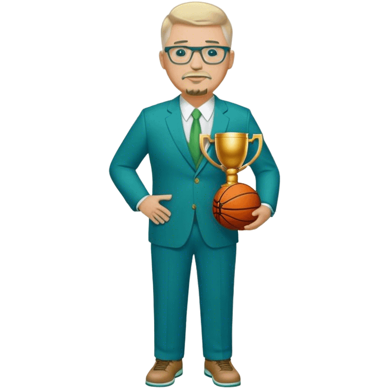 Full Body white fat male  wearing glasses with a goatee with light blonde gray very short hair basketball head Coach in blue and green suit holding trophy emoji