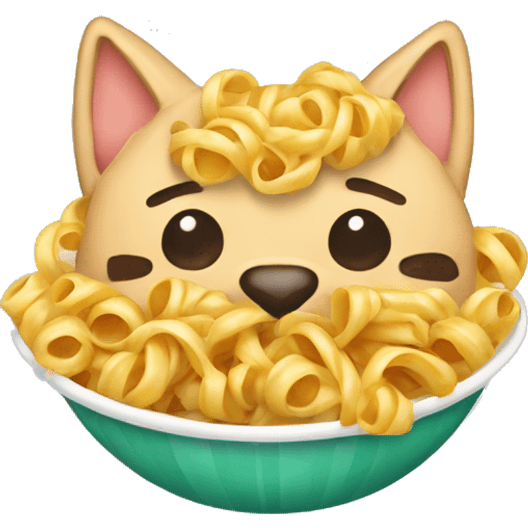 A cat eating pasta and wear a christmas jun pet emoji