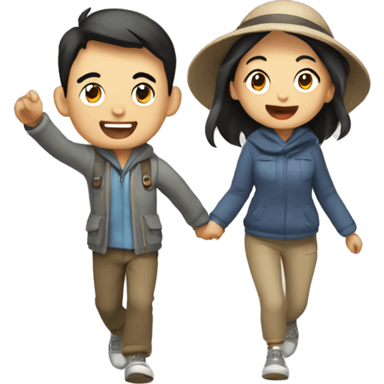 Cute young  Asian couple excitedly traveling  emoji