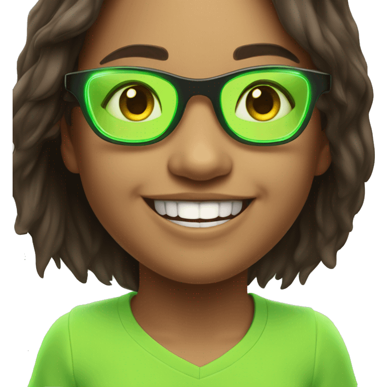 An emoji of a cute, long-haired brunette girl wearing neon green glowing glasses, smiling warmly with a cheerful expression emoji