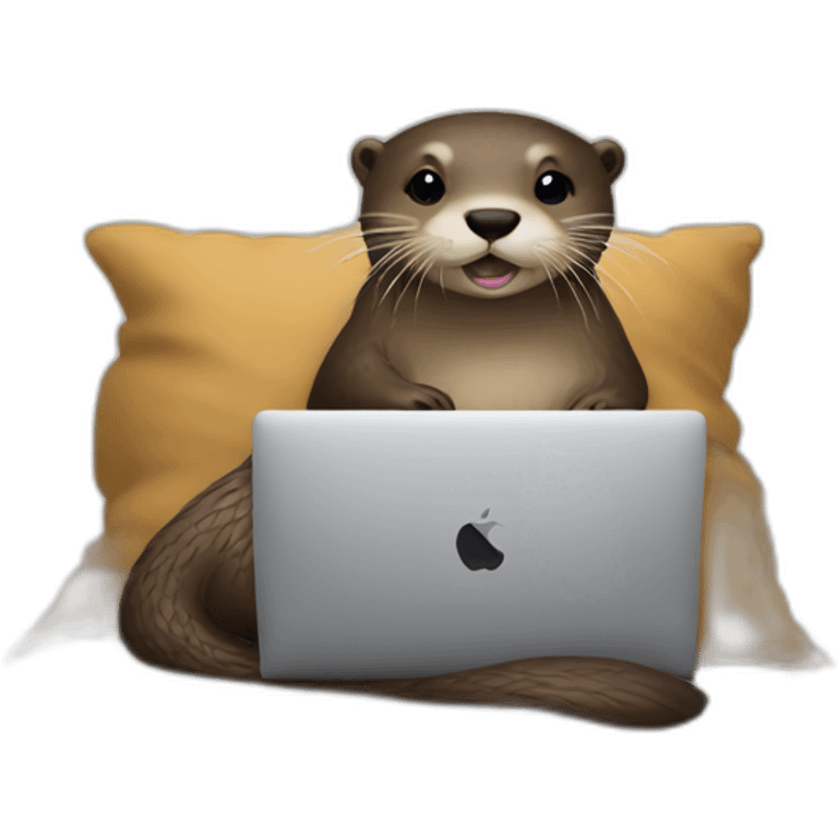 female otter use a macbook while against a pillow emoji