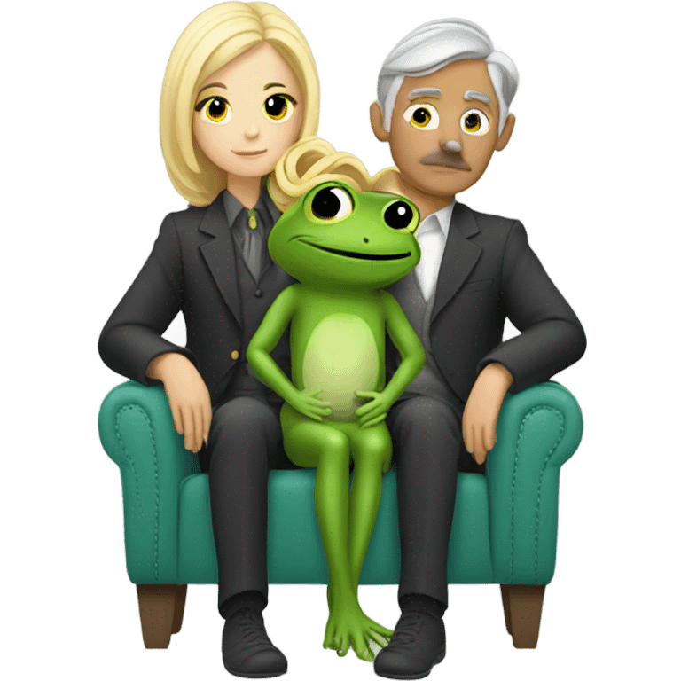 A blonde girl in a frog costume sitting in her grey haired boyfriend lap. And he has a mustache  emoji