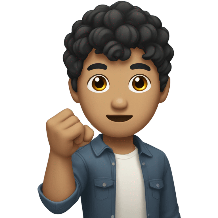 man with short curly black hair with bangs, asian skin type, left hand in a fist, right hand wraps around left hand  emoji