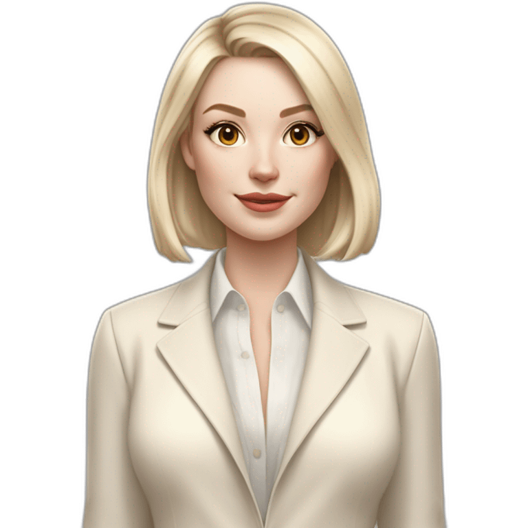 pale skin woman with ash blonde Straightened bob Hair, White Spacious classical jacket, beige palazzo Arrow pants and gray blouse holding white IPhone 15 pro in the hands emoji