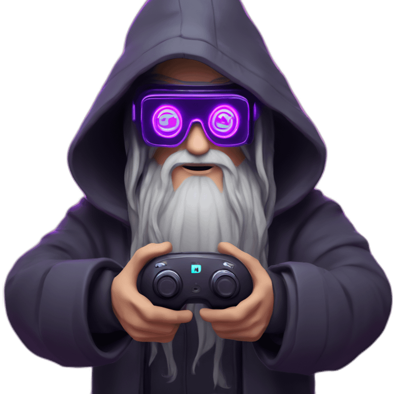 Gandalf wearing a black hoodie with "OMG" letters on it and VR headset in a cyberpunk VR environment with violet neon lighting. emoji