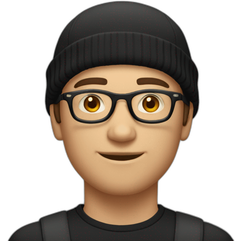 white young man with round glasses and black straight short hair and short black thin beard with a black beanie hat emoji