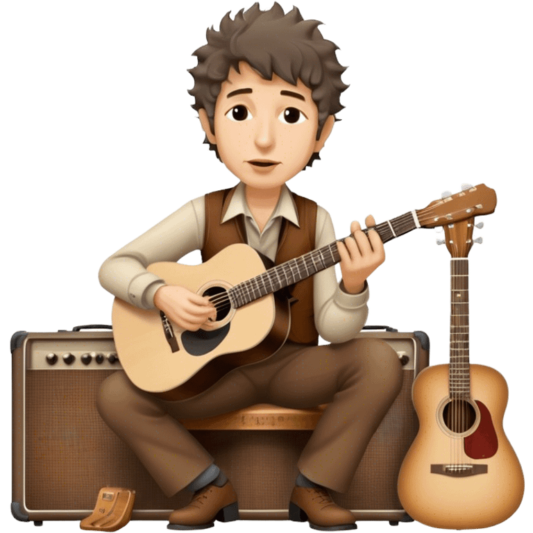 Icon for Folk Music: Bob Dylan with his harmonica and acoustic guitar, performing with his band on stage. The atmosphere should be intimate and nostalgic, capturing the soul of folk music with simple instruments and natural vibes. Transparent background. emoji