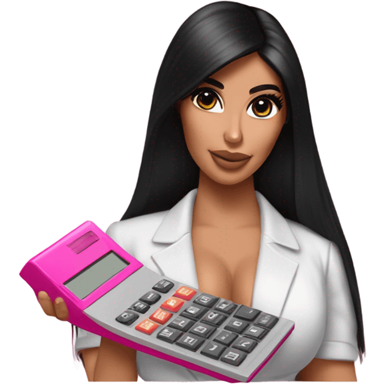 Hyper realistic kim kardashian with straight hair holding a pink calculator emoji