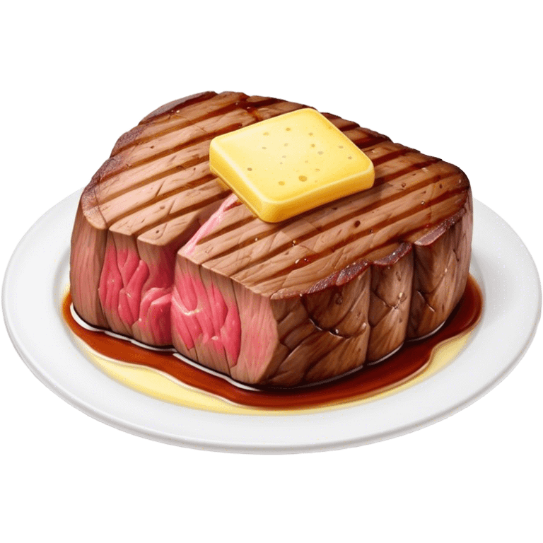 Cinematic thick-cut steak, perfectly seared with grill marks, a juicy pink center, butter melting on top, rich and savory, warm glow, sizzling and mouthwatering, highly detailed and appetizing. emoji