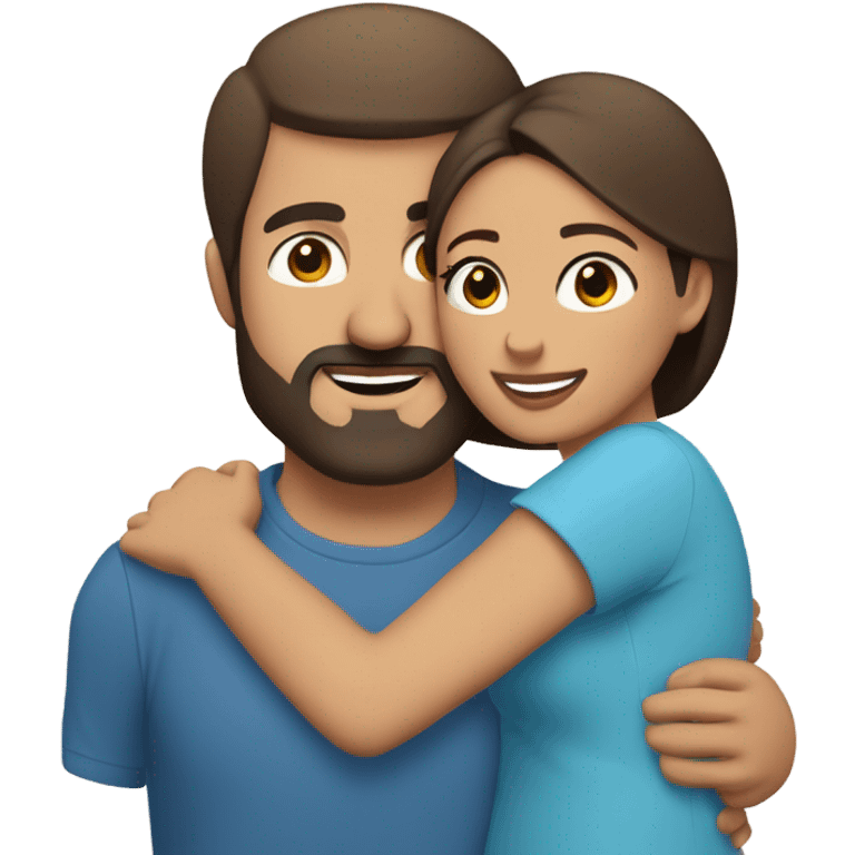 Brunette Puerto Rican with dark brown eyes wearing a cute blue blouse giving comforting hug to short, bald man with brown eyes, laugh lines, and a beard emoji