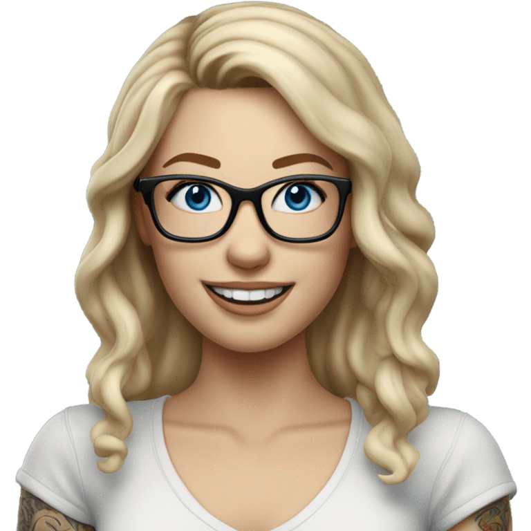 3d photo Realistic blonde Balayage pale beautiful tattooed woman with glasses and blue eyes happy and fashionable  emoji