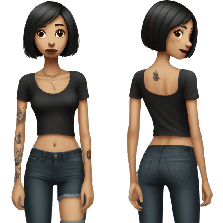 skinny girl with bob haircut smoking cigarette, she is wearing black t-shirt and has lotus tattoo on her shoulder emoji