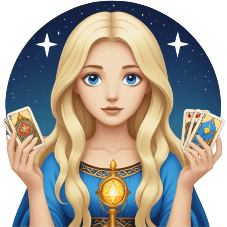 Realistic modern blonde with long hair and blue eyes holds tarot cards in her hands emoji