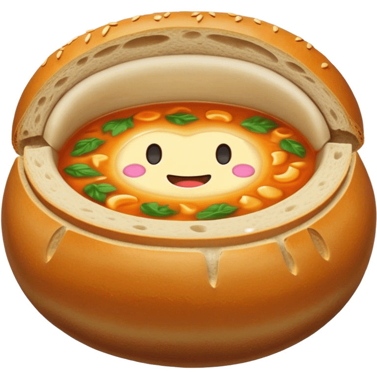 Żurek Cinematic Realistic Żurek Soup Dish Emoji, depicted as a tangy rye soup served inside a hollowed-out round loaf of bread, rendered with rich textures and dynamic, comforting lighting. emoji