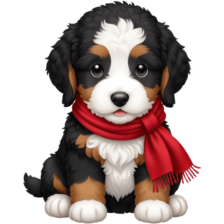 Black and white bernedoodle puppy with a red scarf emoji