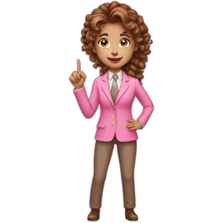 long brown curly pony tail girl wearing pink suit pointing emoji