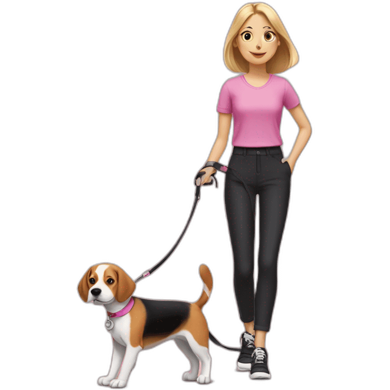 A blonde girl, in a pink blouse and black trousers, in sneakers, leads one beagle dog on a leash emoji