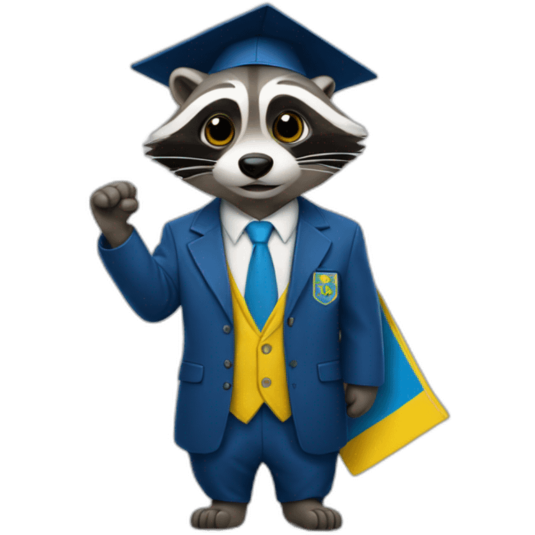 A raccoon student in a suit in the color of the Ukrainian flag in a square academic cap emoji