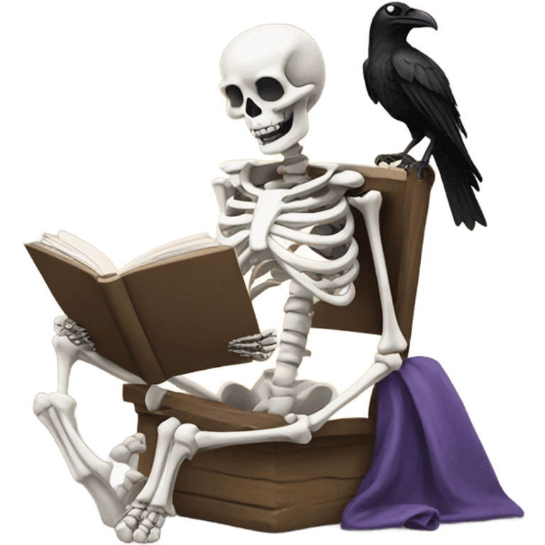 Skeleton reading while sitting with bow on their head and a raven emoji