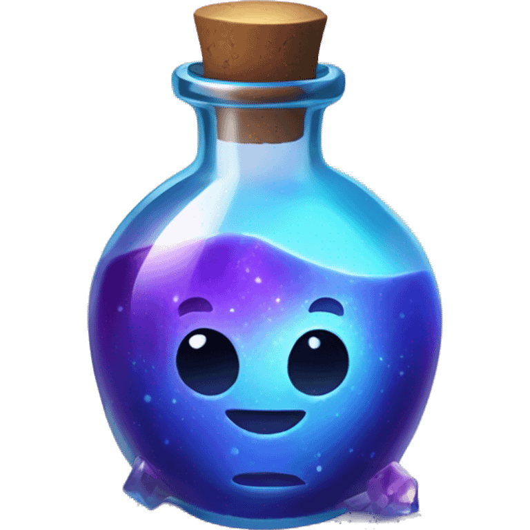 Design a small, round potion bottle with sparkling, glowing liquid inside, in shades of blue and purple, with a fantasy RPG vibe. emoji