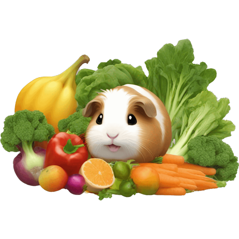 Guineapig playing on a pile of veggies and fruit emoji