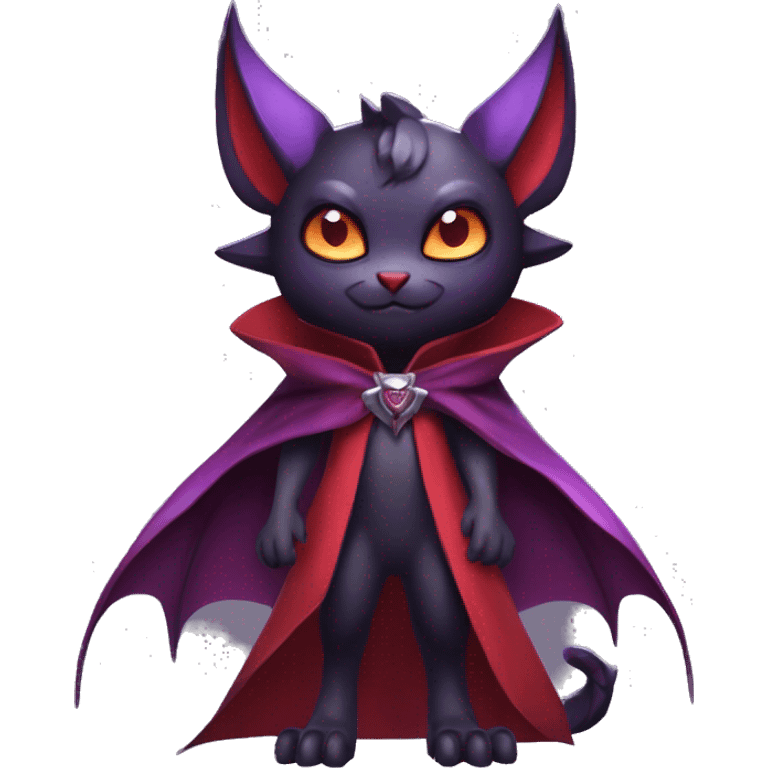  Black Red Purple Kawaii Edgy Cool Vampiric Demonic Beautiful Noivern-Nargacuga-Litten with big Bat Ears and wearing a cape and collar full body emoji