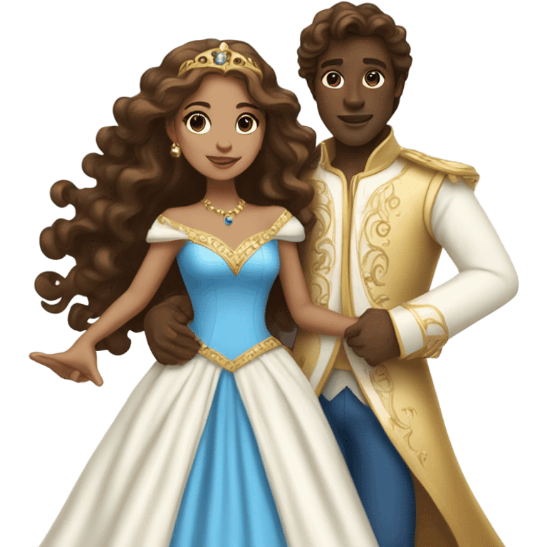 A princess with, brown long hair  and a long white dress with jewelry dancing around with a prince that is dark skin and curly brown hair with a blue and gold outfit  emoji