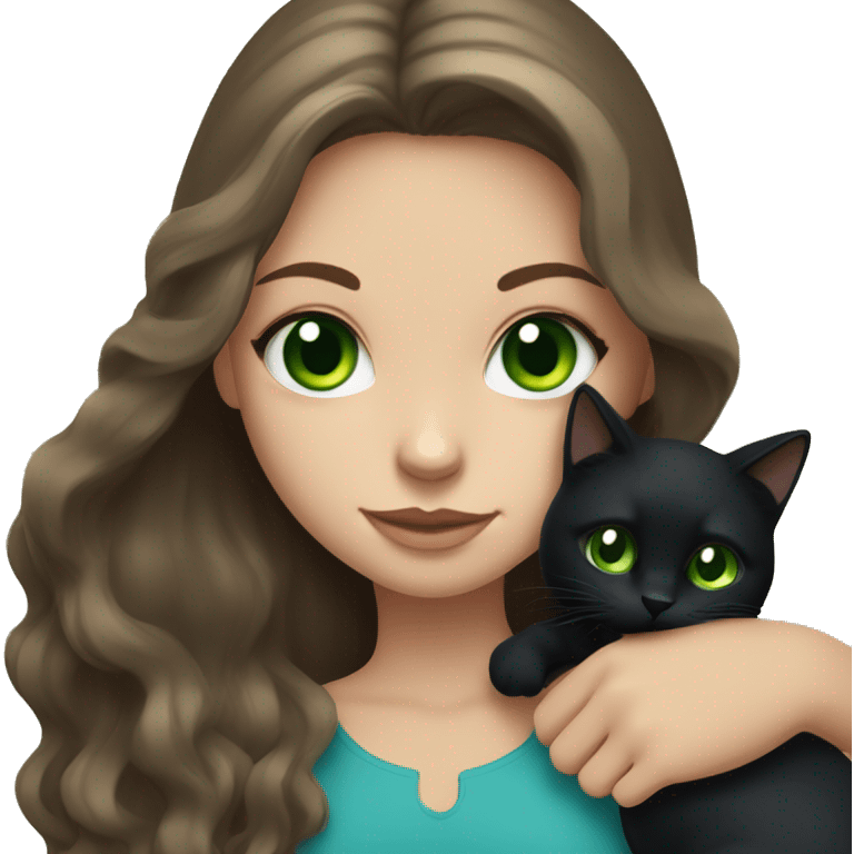 Girl with long brown hair and blue eyes holding chunky black cat with green eyes emoji