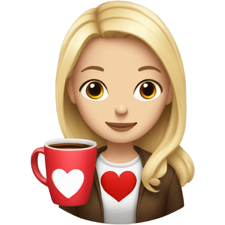 Girl with blonde hair holding a mug with coffee in it that has a heart on the top of the latte emoji