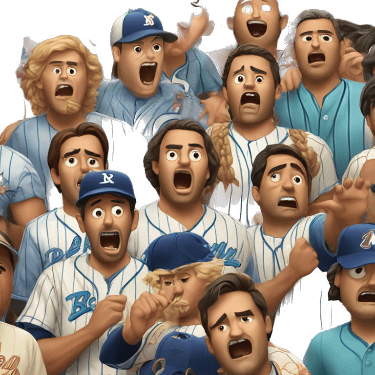 Man with brown hair wearing a hawaiian shirt yells at pinstripe wearing Latino baseball player emoji