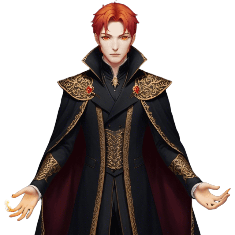 A tall and strikingly elegant High Fae male with fiery red hair, his golden eyes gleaming with cunning intelligence. He wears a luxurious black coat trimmed with copper embroidery, the fabric lined with fine gold stitching. His posture is relaxed yet calculated, his expression unreadable—except for the ghost of an arrogant smirk playing at his lips emoji